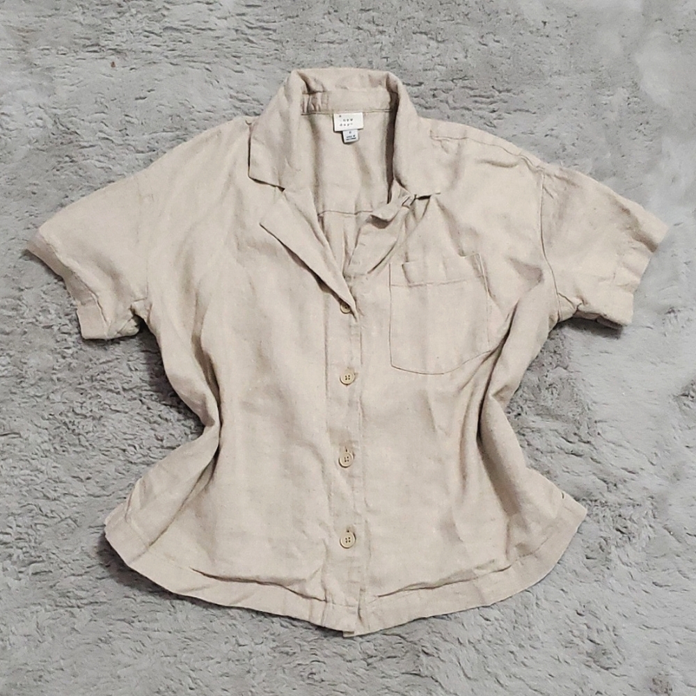 Linen Blend Tan Buttondown Top - size Small coastal grandmother